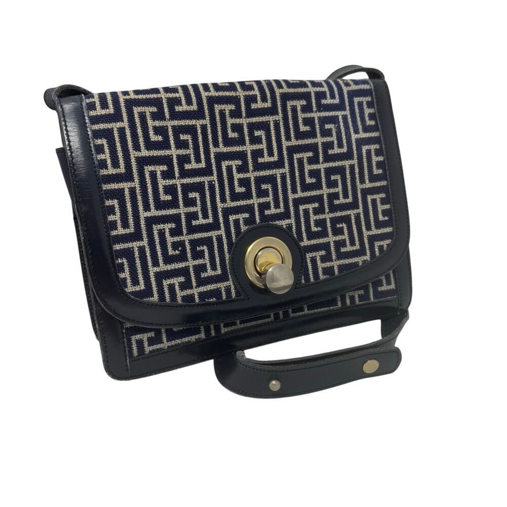 Balmain Vintage Monogram Canvas & Leather Crossbody Bag Navy Gold Hardware